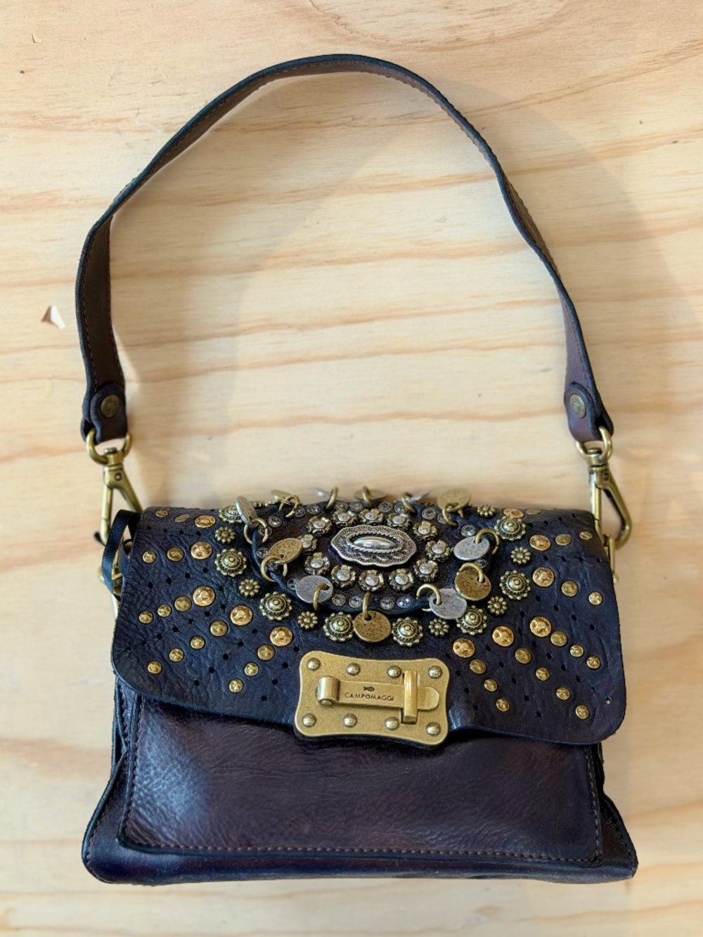 Campomaggi Leather Studded & Embellished Shoulder Bag in Moro